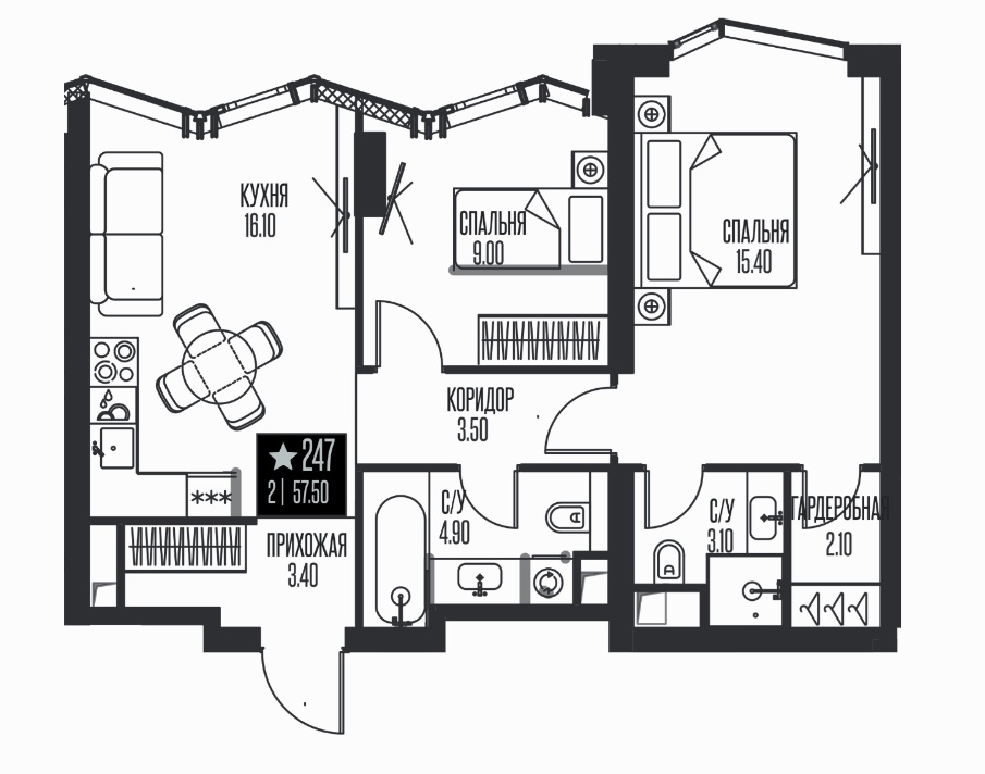 2 комн., 57 м², этаж 21 из 58