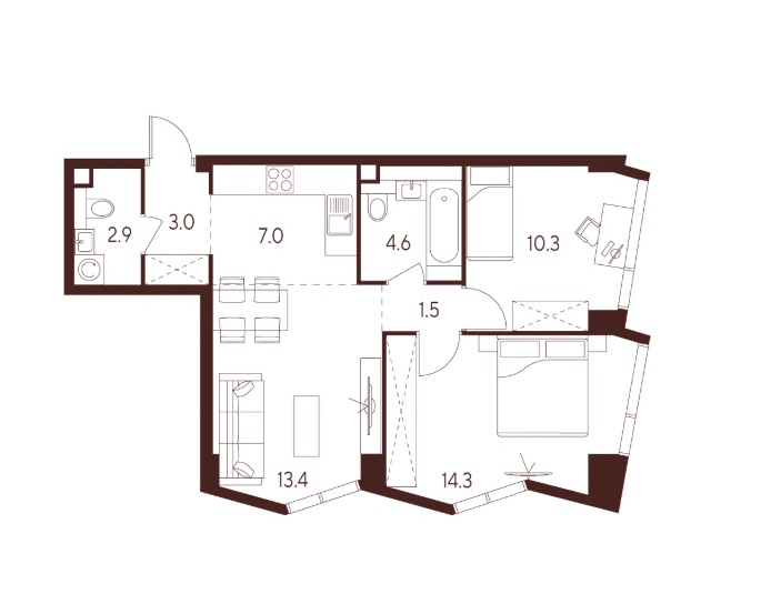 3-комн., 57 м² — ЖК «Инди Тауэрз от Аквилон»