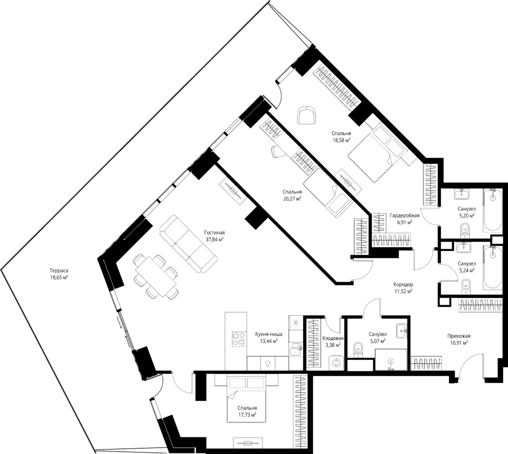 3 комн., 174 м², этаж 13 из 57