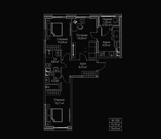 3-комн., 75 м² — ЖК «Сезар Сити»
