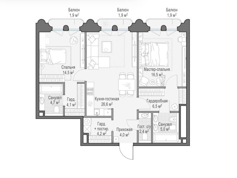 2-комн., 91 м² — ЖК «Фрунзенский»