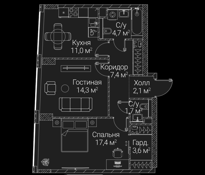 2-комн., 62 м² — ЖК «Сезар Будущее»
