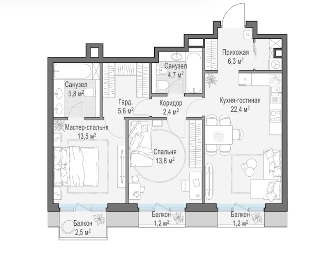 2-комн., 76 м² — ЖК «Тишинский Бульвар»